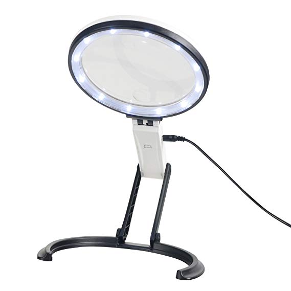 YOCTOSUN 5.5 inch 2X Desktop & Handheld LED Magnifier Reading Working Magnifying - Convertible Folding Design with 12 LED Lamp - Powered by Battery or USB Cable -