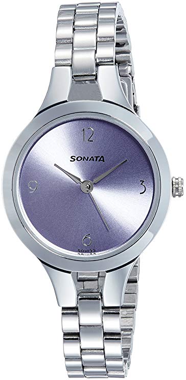 Sonata Women's Fashion Casual Round Purple Dial Silver MetalStrap Watch