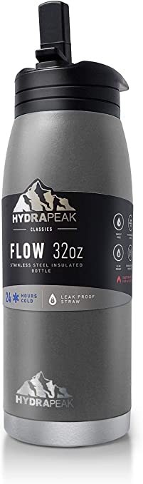 Hydrapeak Flow 32oz Stainless Steel Water Bottle | Vacuum Insulated Thermos | BPA-Free and Leak-Proof | Wide Mouth Flask with Bite Straw Non-Slip Handle | On The Go Personal Canteen