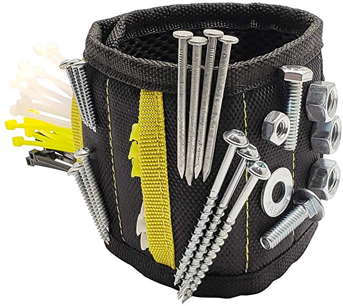 General Tools 399 Magnetic Wristband with 10 Powerful Neodymium Magnets & Two Pockets For Holding Screws, Nails, Bolts, Drill Bits, Fasteners, Scissors or Other Small Tools, Adjustable Strap