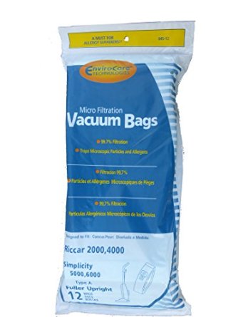 Riccar 2000, 4000 and Vibrance Series. Simplicity 5000, 6000 and Symmetry Type A Vacuum Bags - 12 Pack