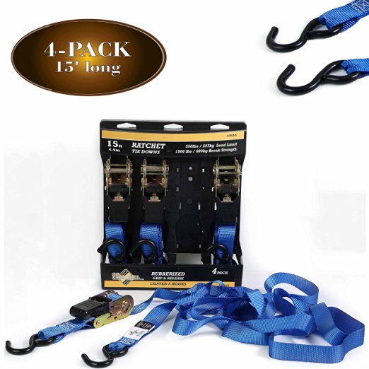 Box of 4: Ratchet Straps 1" x 15' - Motorcycle, Kayak Tie-Down Straps with Durable Blue Polyester and Vinyl-Coated S Hooks, Tie Down Cargo Securely in Pickup Bed, Moving Truck, Trailer, Flatbed