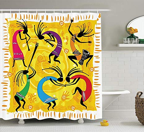 Ambesonne Kokopelli Decor Collection, Dancing Playing Musical Instruments Figures on Tribal Style Patterns Artwork, Polyester Fabric Bathroom Shower Curtain, 84 Inches Extra Long, Yellow Black Purple