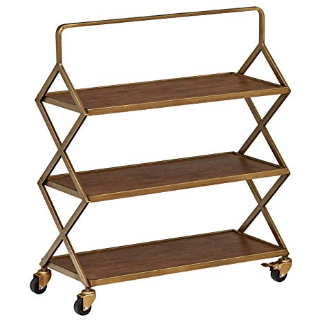 Rivet 3-Tiered Metallic Intersecting Rolling Cart, 27.9"W, Natural