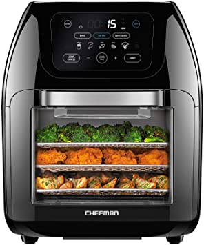 Chefman Multifunctional Digital Air Fryer  Rotisserie, Dehydrator, Convection Oven, 14 Touch Screen Presets Fry, Roast, Dehydrate & Bake, Auto Shutoff, Accessories Included, XL 10L Family Size, Black