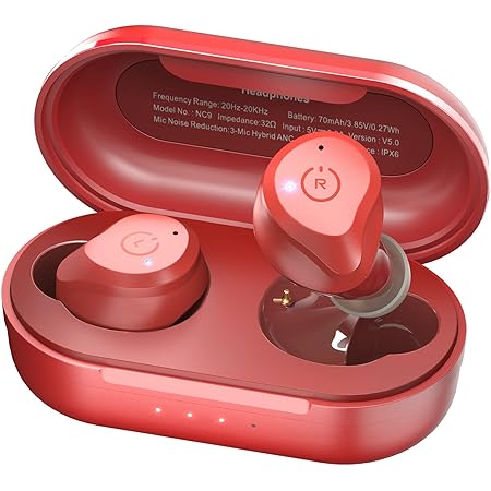 TOZO NC9 Hybrid Active Noise Cancelling Wireless Earbuds,in Ear Headphones IPX6 Waterproof Bluetooth 5.3 Stereo Earphones, Immersive Sound Premium Deep Bass Headset, Dark Red