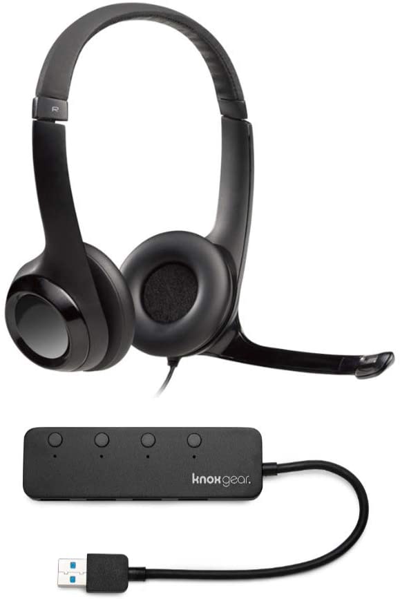 Logitech USB Headset H390 with Noise Cancelling Mic and Knox Gear 4 Port USB Hub Bundle (2 Items)