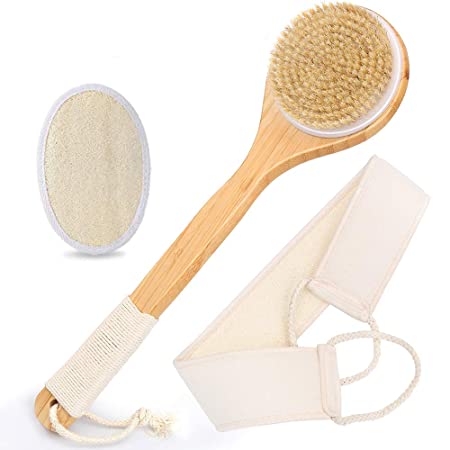 Dry Brushing Body Brush Set HAPYTHDA Exfoliating Loofah Body Scrubber Loofah Sponge pad, Natural Bristles Shower Brush for Cellulite and Lymphatic, Long Handle Back Scrubber for Shower for Men Women