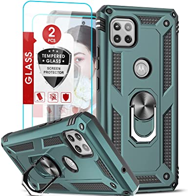 Phone Case for Motorola One 5G Ace, Moto One 5G Ace Case with [2 Packs] Tempered Glass Screen Protector, LeYi [Military-Grade] Case Cover with Ring Kickstand for Moto One 5G Ace, Green