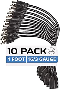 10 Pack of 1 Foot Black Extension Cords - 16/3 SJT Electrical Extension Cord Set