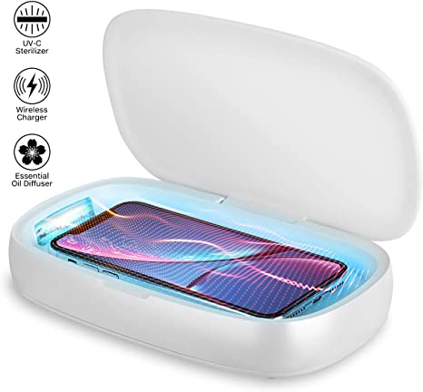 UV Light Sanitizer Cell Phone Cleaner Wireless Charger Charging Station UV Sanitizer Box Aroma Diffuser Smartphone Disinfector UV Sterilizer for iOS Android Devices, Jewelry, Watches, Masks, White