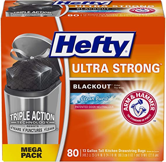 Hefty Ultra Strong Blackout Trash/Garbage Bags, Kitchen Drawstring, Clean Burst, 13 Gallon, 80 Count