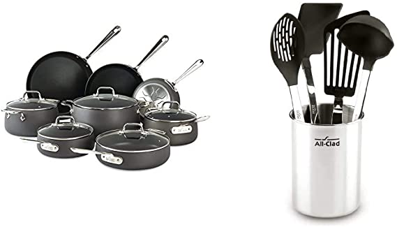 All-Clad E785SB64 HA1 Hard Anodized Nonstick Cookware Set, Pots and Pans Set, 13 Piece, Black & K040S564 Scratch & Heat-Resistant Nylon Tools with Stainless Steel Handles and Caddy, 5-Piece