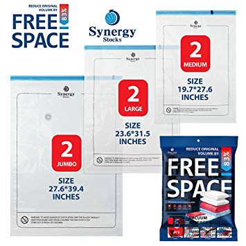 SynergyStocks Space Saver Bags 6 Pack [Jumbo, Large, Medium] Vacuum Storage Bags for Clothes, Linens, Beddings, Duvets, etc. – Vacuum Seal Bags with Unparalleled Protection – Anti-Microbial