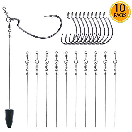 PLUSINNO Punch Shot Rig Kit, 10pcs Fishing Hook Kit，Interchangeable Hook Fishing Accessories，Carbon Steel Fishing Gear (10 Pack, 3/0 EWG Hooks)