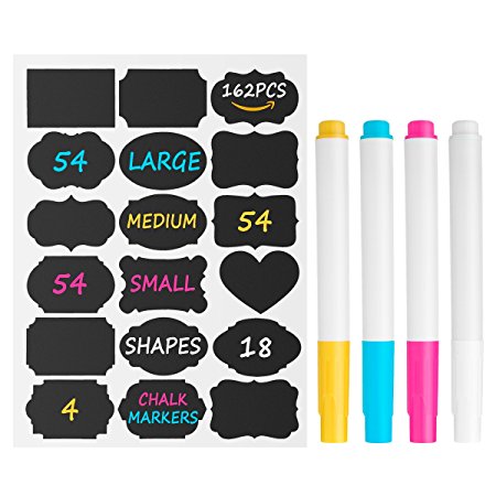 Chalkboard Labels[162 PCS], Koolife Reusable Chalkboard Stickers for Mason Jars- With 4 Chalk Maker- Perfect Labels for Storage Decorations Pantry Containers Organization