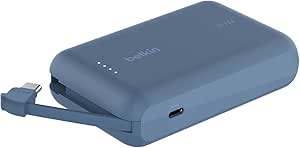 Belkin Power Bank, Portable Power Bank with Integrated Cable 10K PD 20W - Fast Charge USB-C Power Delivery, Portable iPhone Charger for iPhone 16 Series, iPad Pro, Galaxy S24, and More - Blue