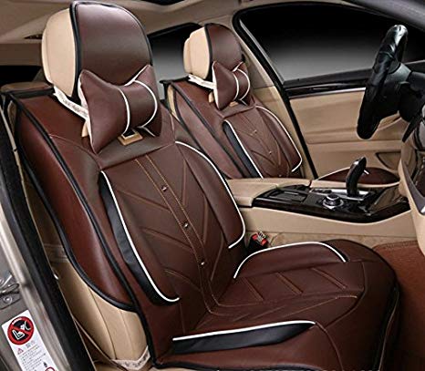 Amooca Compatible Universal Full Front Rear Ice Silk PU Fabric Car Seat Cushion Cover Fit BMW Honda Toyota Coffee 8pcs