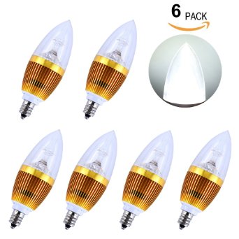 LEDMO E12 3W LED Candle Light Bulb, Replace 25Watts Incandescent, E12 Base, White 6000K, 270lm, CRI80, Non-Dimmable, Gold Housing, E12 LED Candelabra, 3W E12 Home Light Bulbs Chandelier，(6-Pack)