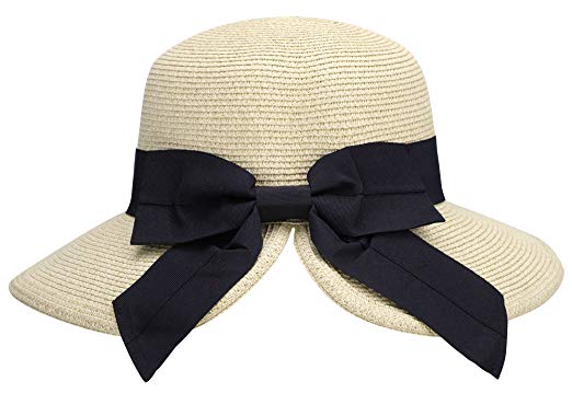 AbbyLexi Women's Pretty Vintage Foldable Straw Hat w/Large Accent Bowtie