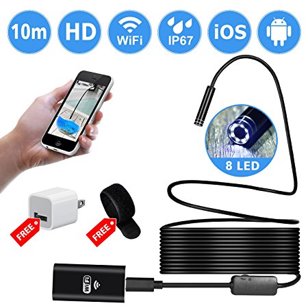 Wireless Endoscope, LOOKISS WiFi Borescope Inspection Camera HD 2.0 Megapixels Snake Camera for Android and iOS Smartphone, iPhone, Samsung, Tablet Bundle with Wall Charger Cable Tie (10M, 33FT)