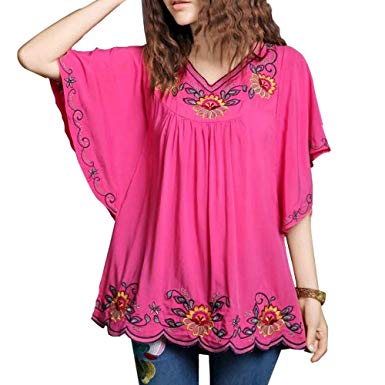 Ashir Aley Floral Embroidered Butterfly Sleeve Wrap Ruffled Peasant Tops Blouse