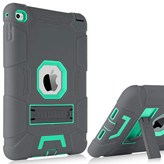 iPad Mini 4 Case,iPad Mini 4 Retina Case,BENTOBEN 3 IN 1 Hybrid [Soft&Hard] Heavy Duty Rugged Stand Cover Shockproof Anti-slip Anti-Scratch Full-body Protective Cases for iPad Mini 4,Gray/Mint Green