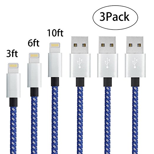 iPhone Charger Chamfind,iPhone Lightning to USB Cable, (3FT 6FT 10FT)Syncing and Charging Cord for iPhone 7,iPhone6,6s, 6 Plus,6s Plus, iPhone 5 5s 5c,SE, iPad Air, iPod,iPod-3Pack(BlueWhite)