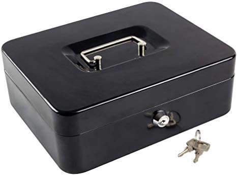 Kyodoled Large Metal Cash Box with Money Tray and Lock,Money Box with Cash Tray,Cash Drawer,9.84"x 7.87"x 3.54" Black Large