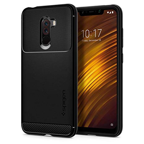 Spigen [Rugged Armor] Case for Xiaomi Pocophone F1, Original Patent Carbon Fiber Design Flexible Slim TPU Phone Cover for Pocophone F1 Case - Black