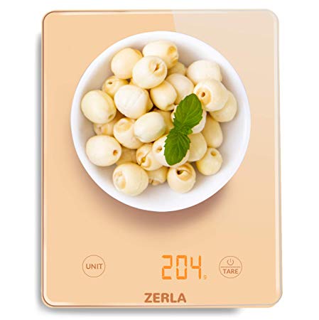 ZERLA Digital Kitchen Scale — Versatile Food Scale with LED Display for Weighting Liquids or Foods — Accurate Weight Scale within .05 oz. — Customized Minimalist Gold Ultra Slim Scale for Baking