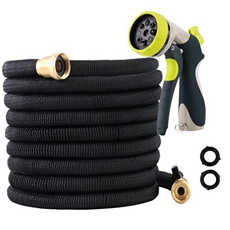 LOWELLTEK 50ft Garden Hose - ALL NEW Expandable Water Hose with Double Latex Core, 3/4" Solid Brass Fittings, Extra Strength Fabric - Flexible Expanding Hose with Metal 8 Function Spray Nozzle