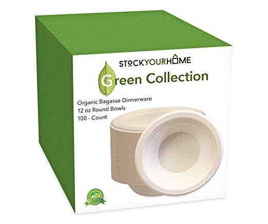 Stock Your Home 12 Ounce Round Bowls 100 Pack Organic Bagasse Bowls Made of Sugarcane Fibers - Ecofriendly Disposable Bowls for Picnics, Parties, Catering & Everyday Use