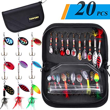 TOPFORT 20pcs Fishing Lures, Trout Lures, Spinner Baits, Bass Lures, Spinning Lures with Carry Bag