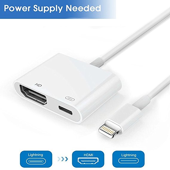 Lightning to HDMI, 1080P Lightning Digital AV Adapter, Lightning to HDMI Connector with Charging Port for iPhone 8/8 Plus/7/7 Plus, Power Supply Needed