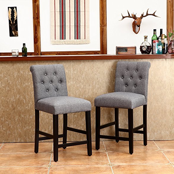 LSSBOUGHT Set of 2 Button-tufted Fabric Barstools Dining High Counter Height Side Chairs (Seat Height: 24", Gray)
