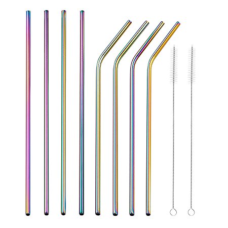JOYECO Stainless Steel Drinking Straws, Rainbow Multi-Colored Straw, Reusable Drink Straw for 20oz Tumblers Rumblers Cold Beverage (Set of 8,4 Bent 4 Straight   2Brushes)