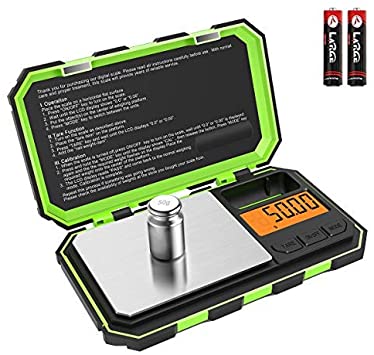 Brifit Digital Mini Scale, (100 x 0.01g) Precision Pocket Scales with 50g Calibration Weight, Potable Pocket Scale with LCD Backlit, 6 Units, Tare Function, Stainless Steel, Green (Battery Included)