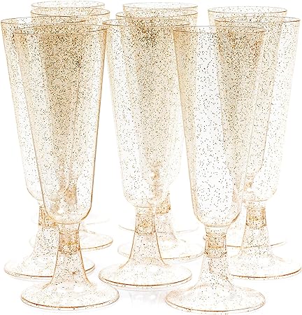 Matana 50 Premium Plastic Gold Glitter Champagne Flutes, 5oz: Sturdy & Reusable