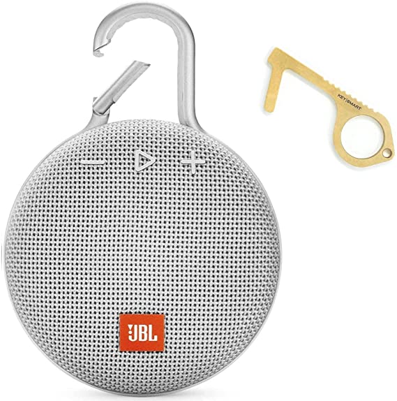 JBL Clip 3 Portable Waterproof Wireless Bluetooth Speaker - Non-Retail Packaging (Steel White) with KeySmart Clean Key