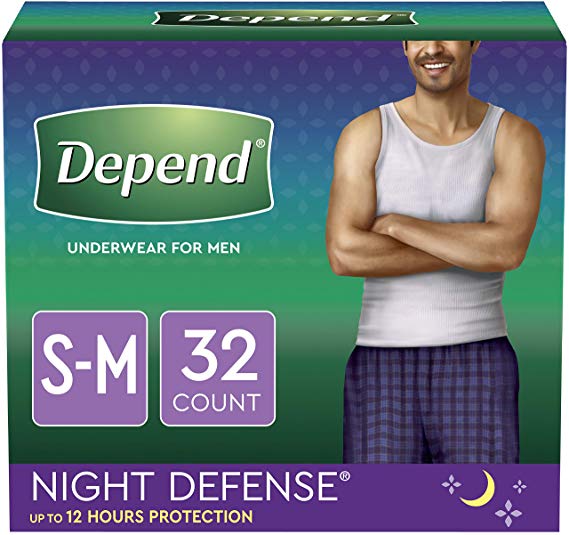 Depend Night Defense Incontinence Underwear for Men, Overnight, Disposable, Size S/M, 32 Count (2 Packs of 16) (Packaging May Vary)