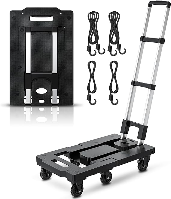 COOWOO Folding Hand Truck, Heavy Duty 600Lbs Luggage Cart, Light Weight Utility Dolly Platform Cart with 7 Wheels(2 with Brake), Handle Lock & 4 Elastic Ropes for Home, Office & Business Use