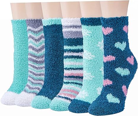 Plush Slipper Socks Women - Colorful Warm Fuzzy Crew Socks Cozy Soft 3 to 6 Pairs for Winter Indoor