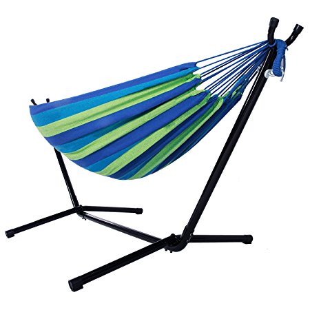 Z ZTDM Double Hammock with Space-Saving Steel Stand, Heavy Duty 2 Person Comfortable Portable Hammock Includes Carrying Case, 440 lbs Capacity for Indoor/Outdoor/Porch/Yard/Patio (Blue/Green)
