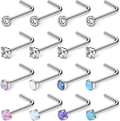 Ruifan 18G 316L Surgical Steel 1.5mm 2mm 2.5mm 3mm Jeweled Opal & Clear CZ Nose L-Shaped Rings Studs Ring Body Piercing Jewelry 8-16PCS