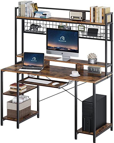 Rolanstar Computer Desk with Hutch and Keyboard Tray, 55" Office Desk with Storage Shelves, Studying Writing Desk Workstation for Home Office, Rustic Brown