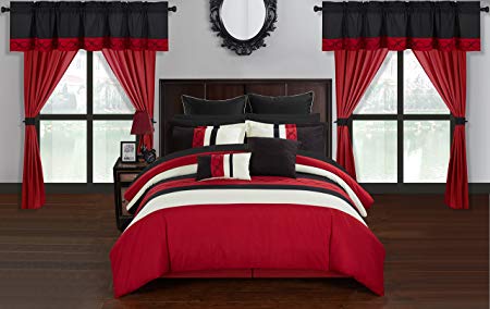 Chic Home Shilo 24 Piece Comforter Set Color Block Embroidered Design Complete Bed in a Bag Bedding – Sheets Bed Skirt Decorative Pillows Shams Window Treatments Curtains Included, Queen Red
