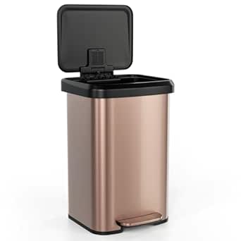 Goplus 13 Gallon/50 L Stainless Steel Trash Can, Rectangular Anti-Fingerprint Trash Bin w/Soft-Close Lid, Foot Pedal & Deodorizer Compartment, Step-On Garbage Can for Kitchen Home Office (Gold)