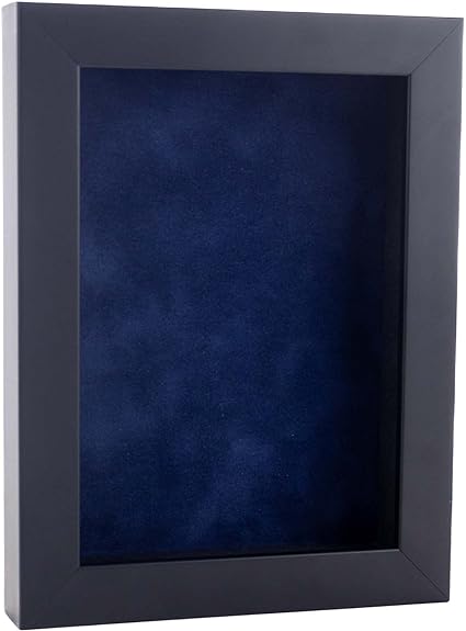 8x12 Shadow Box Frame Black Wood | with a 3/4" Usable Display Depth | Includes a Navy Blue Real Suede Texture Acid-Free Backing Board, UV Resistant Acrylic, and Hanging Hardware