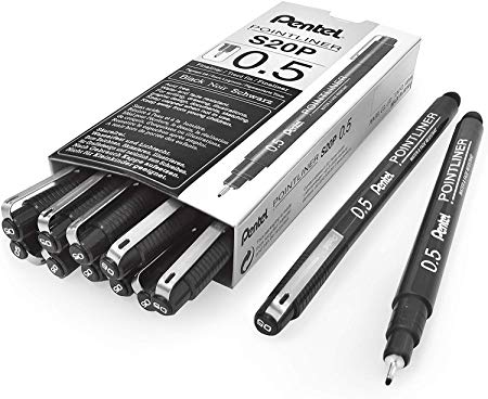 Pentel Arts Pointliner Drawing Pen, 0.5mm, Black Ink, Box of 12 (S20P-5A)